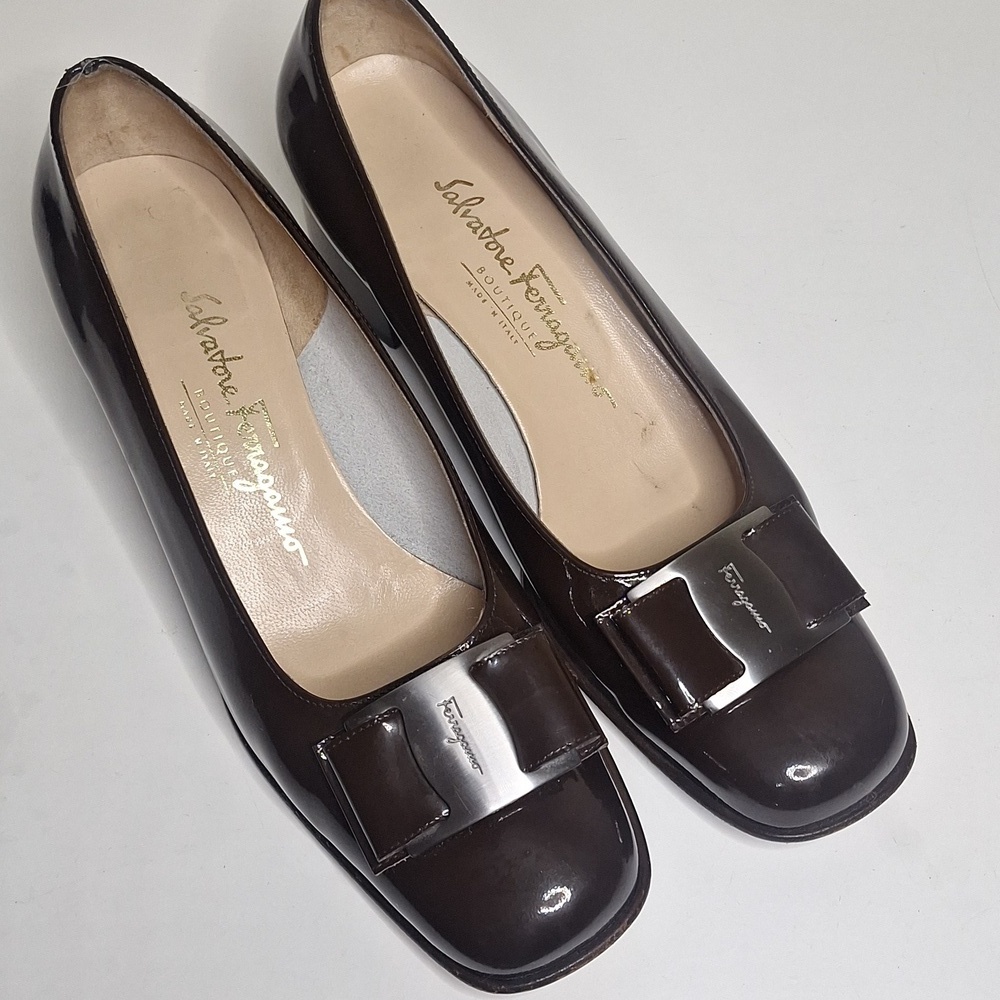 Salvatore Ferragamo Dark Brown Patent Vara Bow Pumps